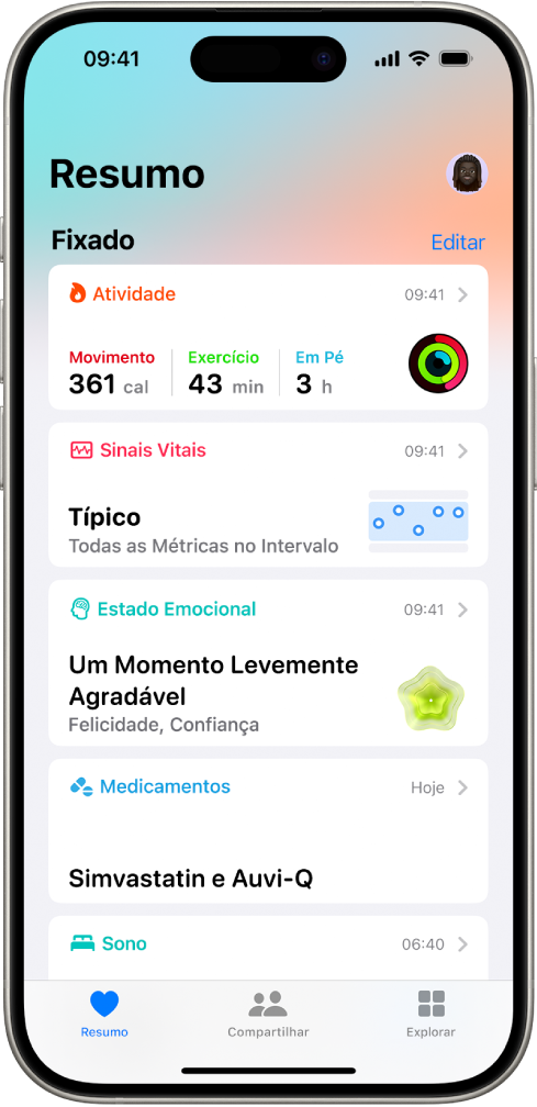 Tela Resumo no app Saúde. Informações sobre atividades, sinais vitais, estado emocional e medicamentos aparecem na seção Fixadas.