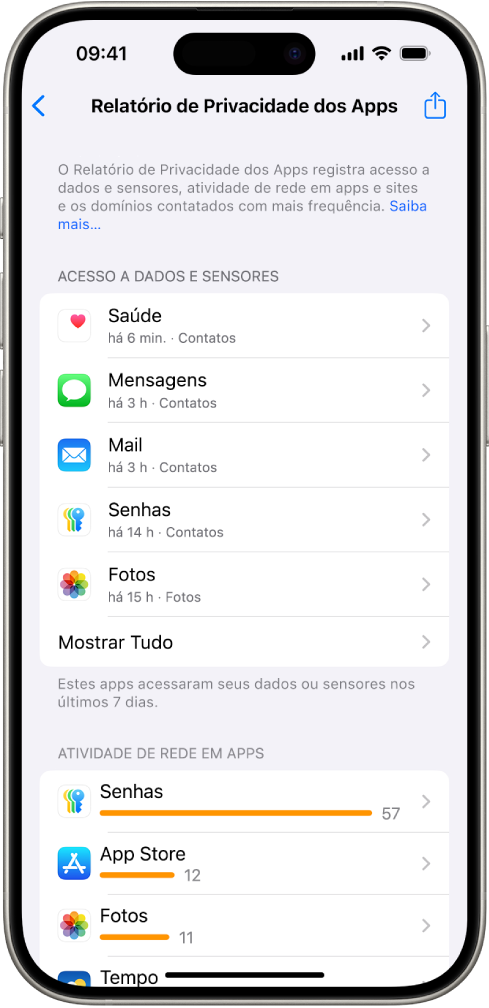 Relatório de Privacidade dos Apps, com informações sobre apps na categoria “Acesso a Dados e Sensores” e informações sobre apps na categoria “Atividade de Rede em Apps”.