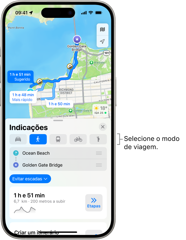 Um mapa a mostrar várias opções itinerário entre dois locais, com botões para selecionar outros modos de viagem, alternar entre o ponto de partida e de destino e ver indicações como passos.