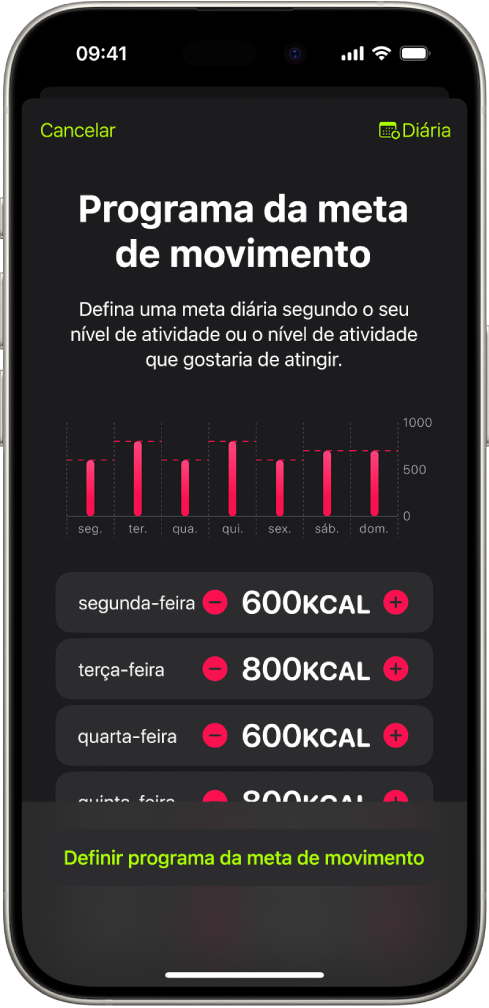 O ecrã “Programa da meta de movimento” da aplicação Fitness a mostrar os botões para aumentar ou reduzir a meta de movimento por dia da semana.