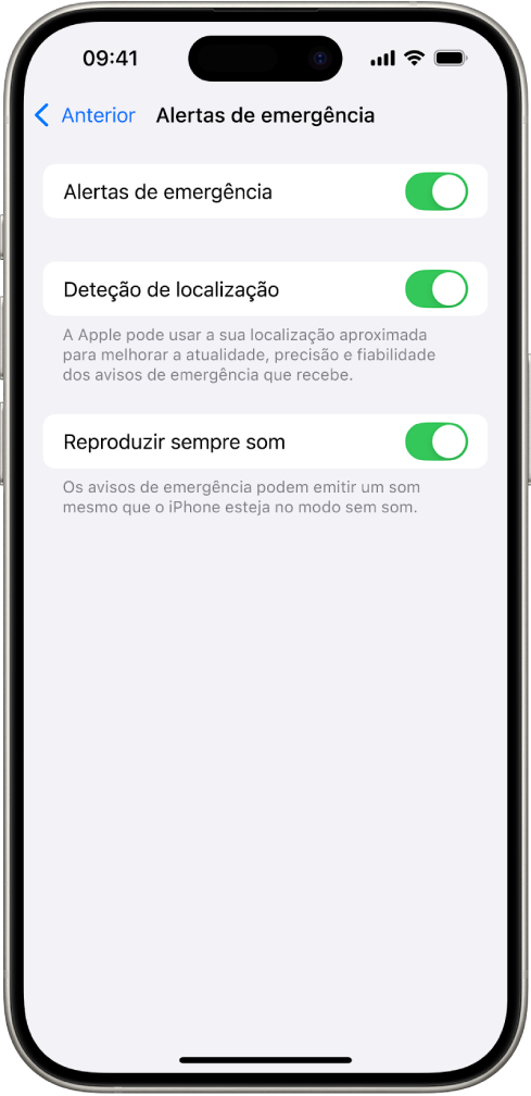 O ecrã Avisos de emergência, com as opções Avisos de emergência, Deteção de localização e Reproduzir sempre som ativadas.