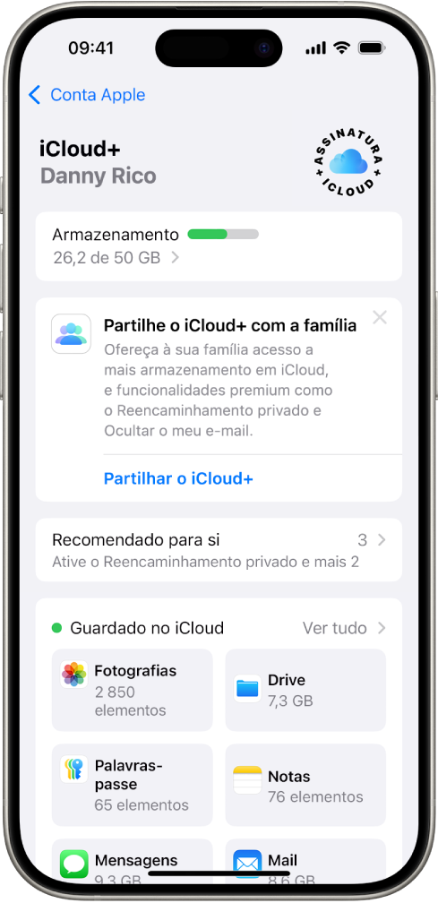 Ecrã das definições de iCloud, com o indicador de armazenamento em iCloud e uma lista de funcionalidades, incluindo Fotografias, iCloud Drive e Cópia em iCloud que podem ser usados com iCloud.