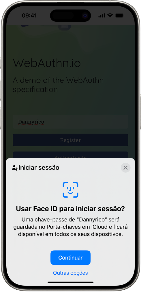 A metade inferior do ecrã do iPhone dá a opção de usar chaves-passe para iniciar sessão num site. Tem um botão Continuar para guardar uma chave-passe e um botão Outras opções.