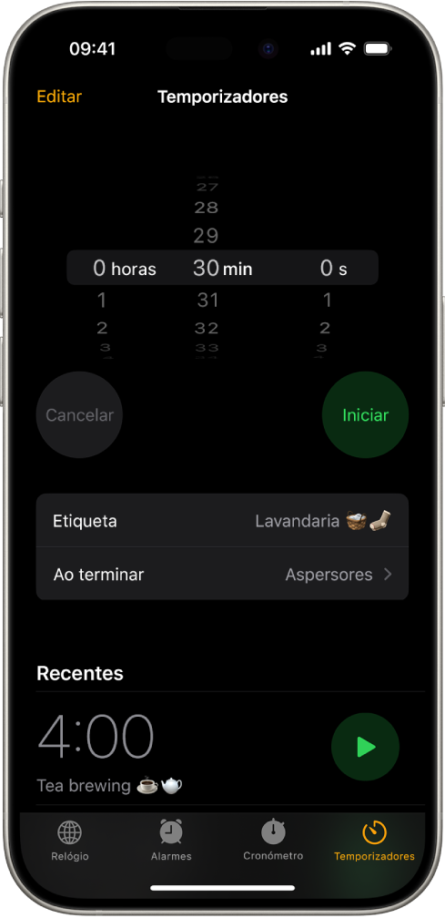 Um ecrã para adicionar um temporizador, com as definições para definir um temporizador e um botão para iniciar um temporizador criado recentemente.