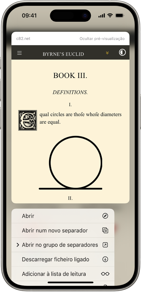 Uma pré-visualização de um site, seguida de uma lista de possíveis ações: Abrir, Abrir num separador novo, Abrir no grupo de separadores, Descarregar ficheiro ligado e Adicionar à lista de leitura.
