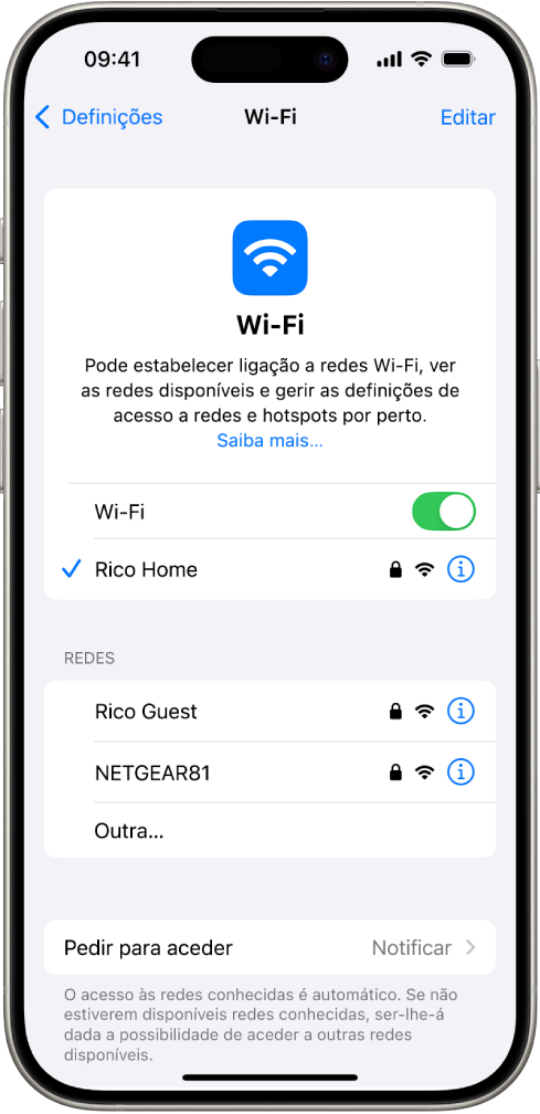 O ecrã de opções de Wi-Fi nas Definições. Wi-Fi está ativo e está selecionada uma rede.