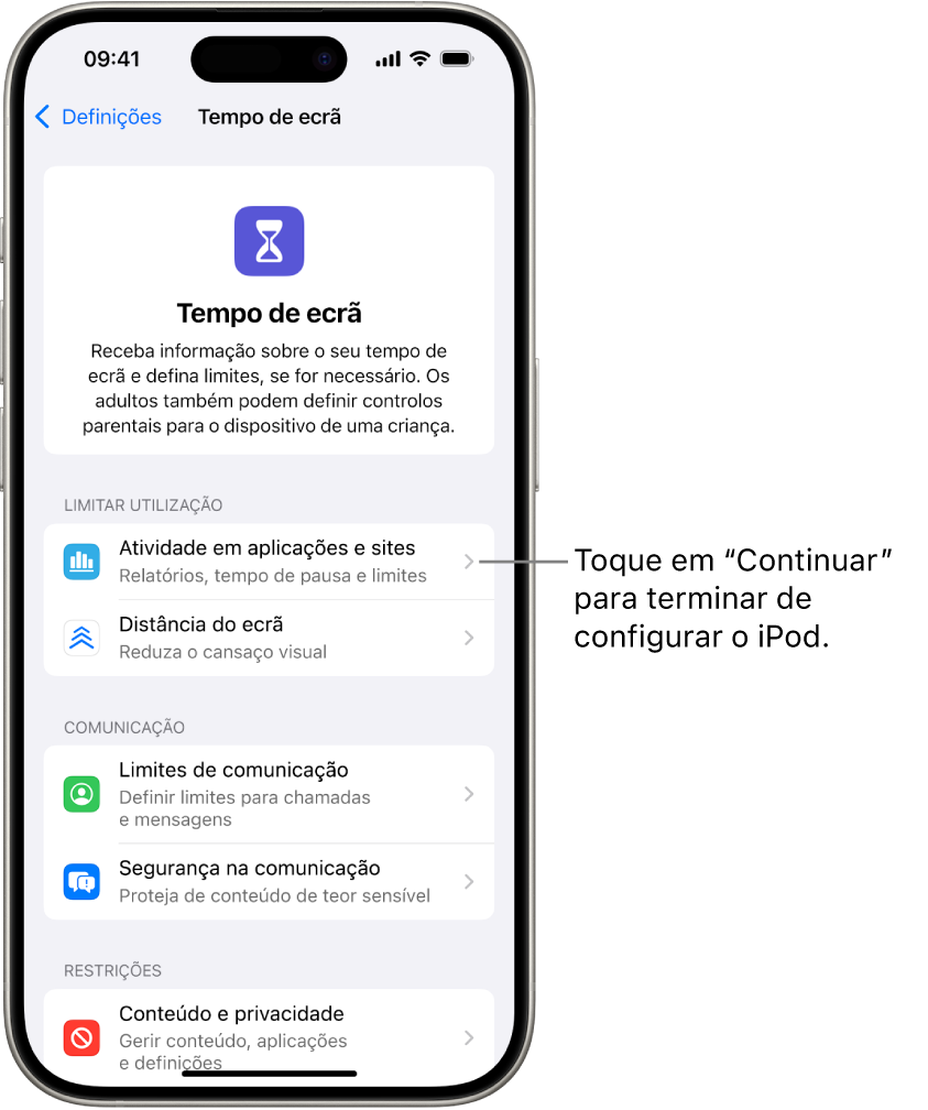 O ecrã para configurar Tempo de ecrã a mostrar que toca em “Atividade em aplicações e sites” para começar.