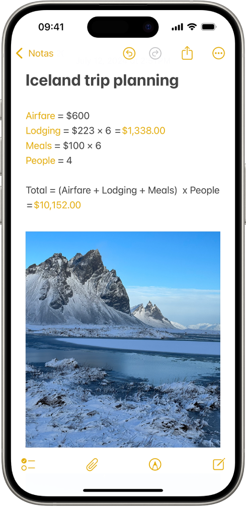 Uma nota para planear uma viagem, com um cálculo das despesas de viagem e uma fotografia.