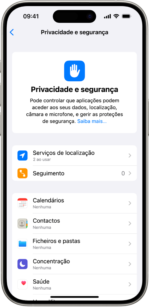 O ecrã “Privacidade e segurança”, com definições para os serviços de localização e seguimento,e definições para controlar que aplicações podem aceder aos seus dados.