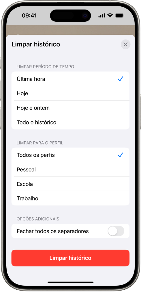 O menu “Limpar histórico”. Por baixo de “Limpar período de tempo”, a opção “Última hora” está selecionada. A opção “Todos os perfis” está selecionada por baixo de “Limpar para o perfil”. O botão “Limpar histórico” está na parte inferior do ecrã.
