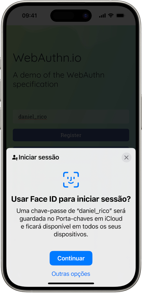Um ecrã de início de sessão que surge quando uma chave-passe é guardada para a conta. Na parte inferior do ecrã estão os botões Continuar e Outras opções.
