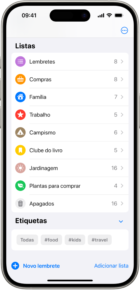 O ecrã “Lembretes” a mostrar várias listas e o “Navegador de etiquetas” na parte inferior.