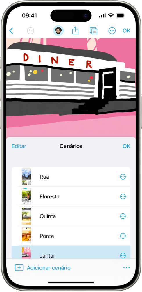 Um cenário na aplicação Freeform com o navegador de cenários no canto superior direito.
