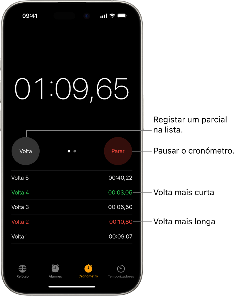 Um cronómetro na aplicação Relógio mostra o tempo decorrido de um evento e, por baixo, são apresentadas várias voltas desse evento.
