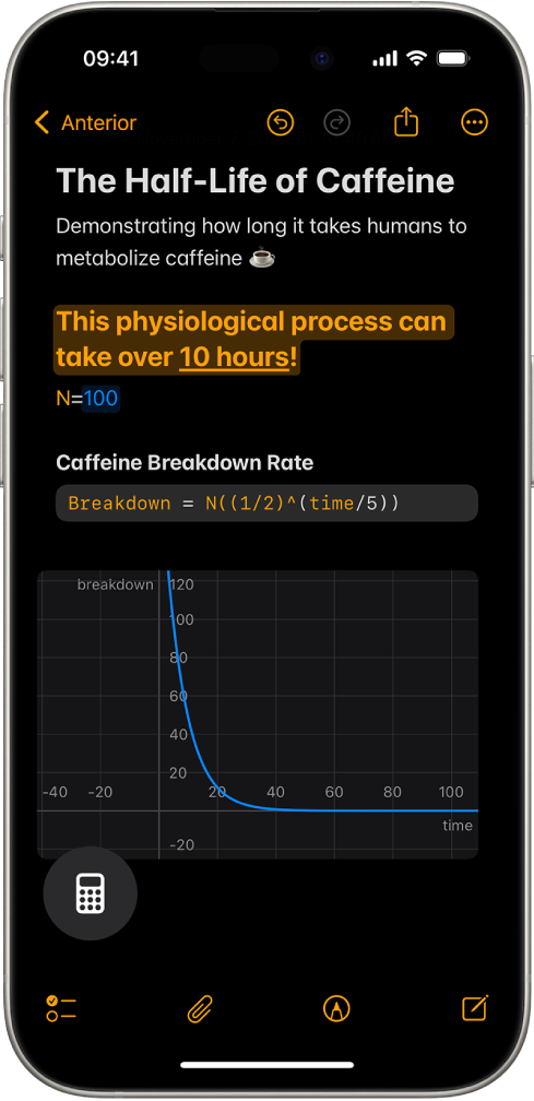 Uma Nota de matemática aberta na aplicação Calculadora, com uma variável declarada, uma equação e um gráfico.