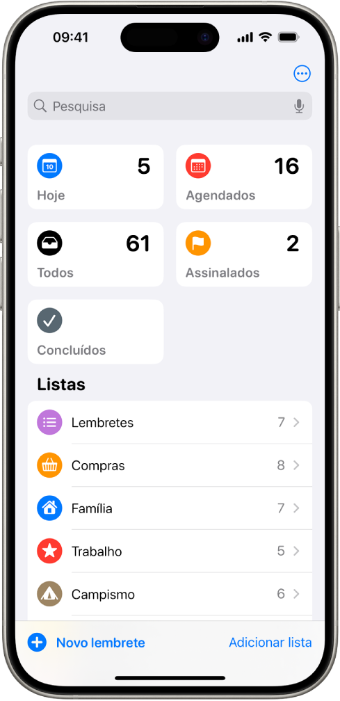 O ecrã “Lembretes” com listas inteligentes na parte superior e as listas normais por baixo.