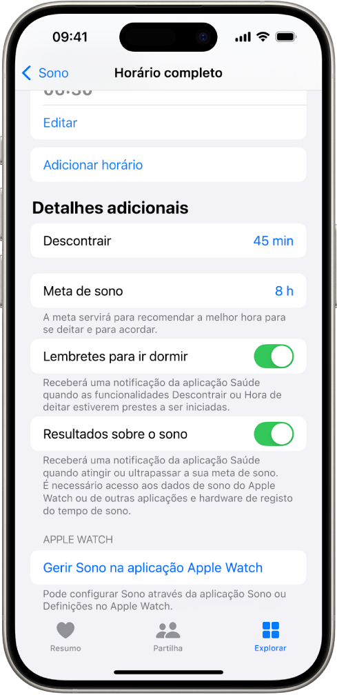 A parte “Detalhes adicionais” do ecrã “Horário completo”