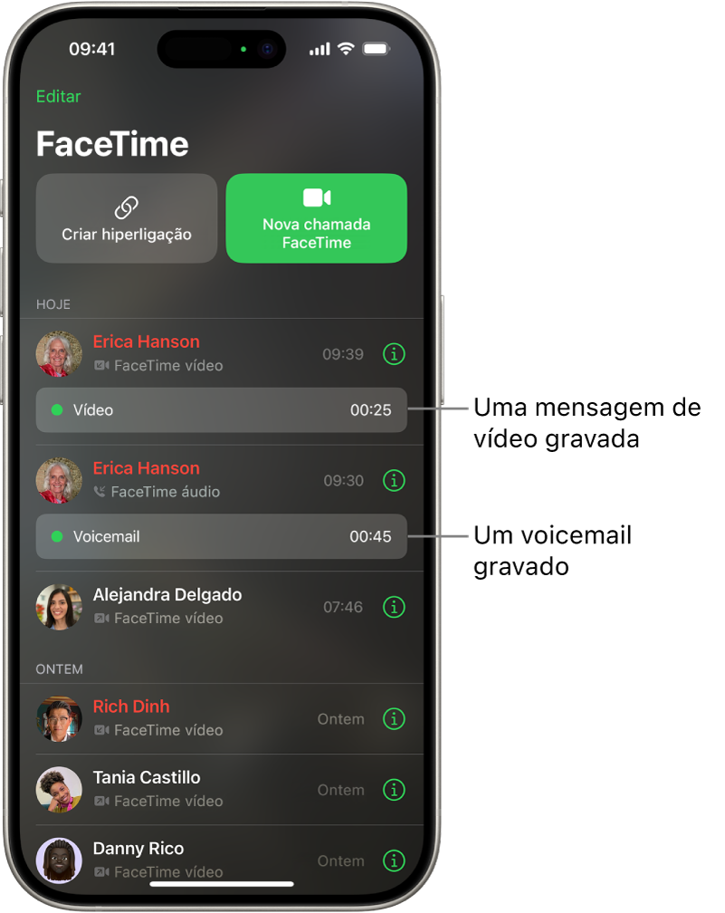 O histórico de chamadas do FaceTime com hiperligações para uma mensagem de vídeo gravada e um voicemail.