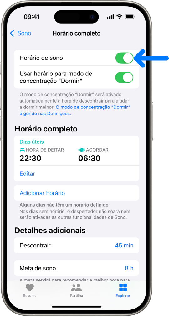 O ecrã de sono “Horário completo” com o “Horário de sono” ativado na parte superior.
