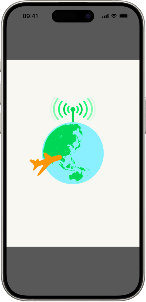 Um ecrã do iPhone com uma ilustração do globo. Na parte superior do globo está um sinal de rádio e um avião voa ao redor do globo.