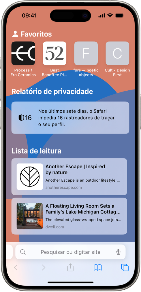 A página de entrada no Safari, que mostra os sites favoritos, o relatório de privacidade e os sites guardados na lista de leitura.