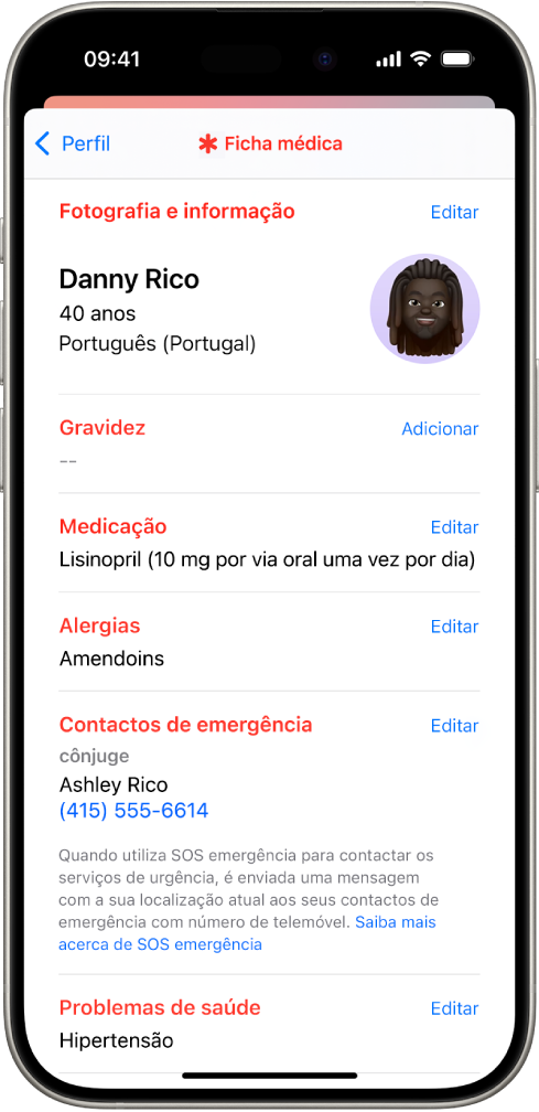 Um ecrã da ficha médica com informação como a data de nascimento, medicamentos, alergias, contactos de emergência e problemas de saúde.