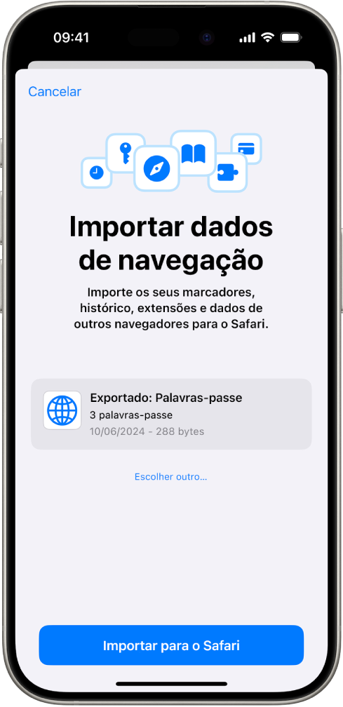 O ecrã “Importar dados de navegação” a mostrar o ficheiro CSV das palavras‑passe de outro gestor de palavras‑passe para importação.