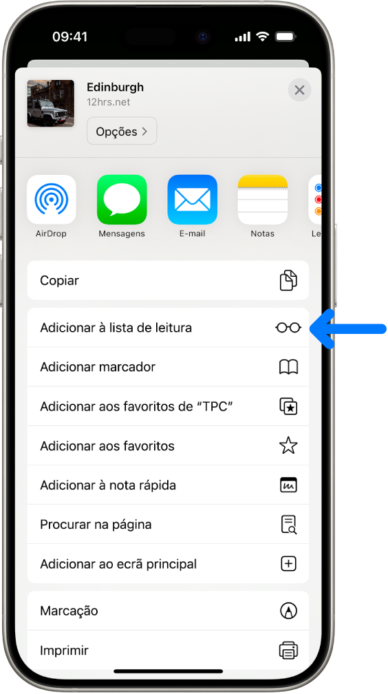 No Safari, foi dado um toque no botão Partilhar numa página web e é revelada uma lista de opções, incluindo Adicionar à lista de leitura.