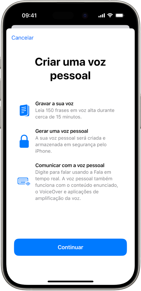 Um iPhone com informações sobre como criar uma voz pessoal.