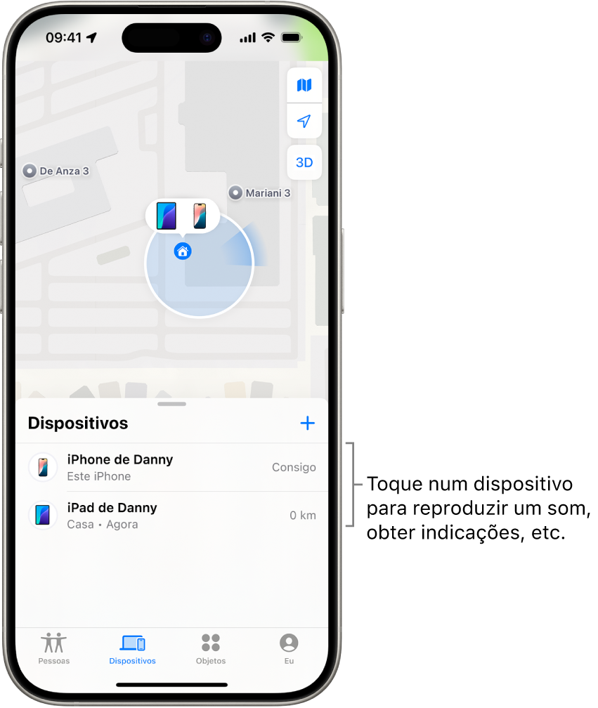 O ecrã de Encontrar, com a lista Dispositivos aberta. Há dois dispositivos na lista Dispositivos: iPhone do Sérgio e iPad do Sérgio. As localizações são mostradas num mapa.