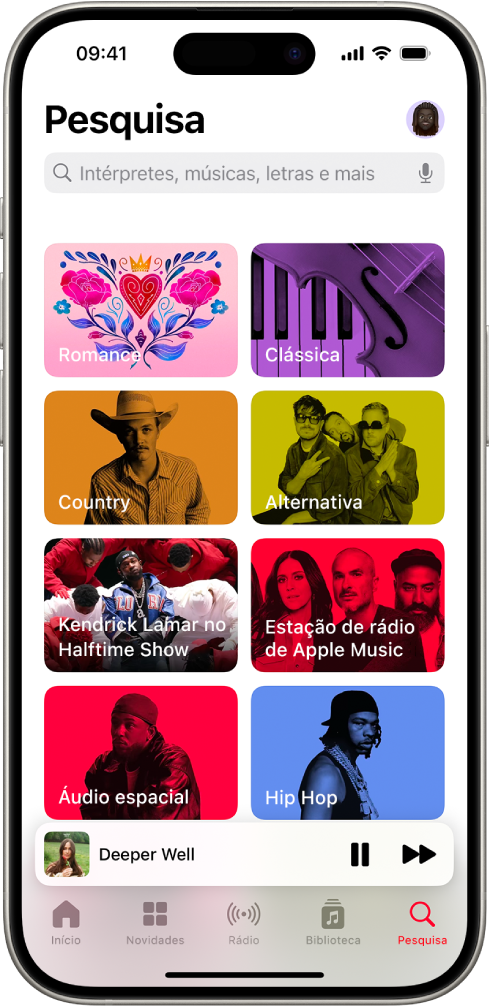 O ecrã de Pesquisa a mostrar o campo de pesquisa na parte superior. Em baixo, aparecem oito categorias de música.