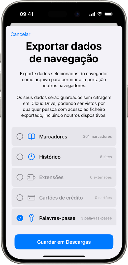 O ecrã “Exportar dados de navegação” com a opção “Palavras‑passe” assinalada para exportação para outro gestor de palavras‑passe.