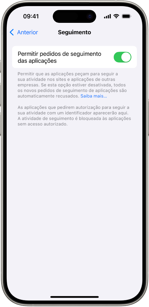 O ecrã “Seguimento”, com uma definição para controlar se as aplicações podem pedir para realizar o seu seguimento em sites ou aplicações detidas por outras empresas.