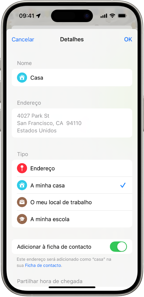 A aplicação Mapas mostra o ecrã de detalhes com opções para definir um endereço como casa, trabalho ou escola.