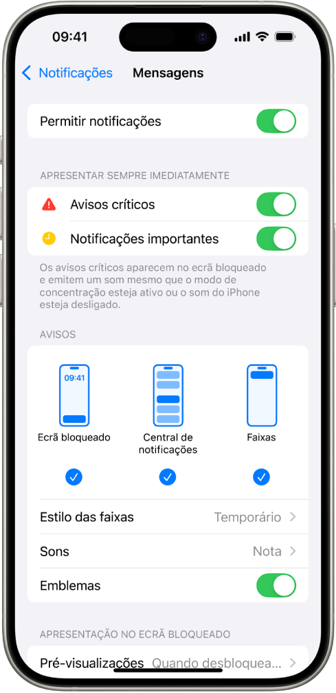 iPhone com definições da aplicação Mensagens para notificações e avisos.