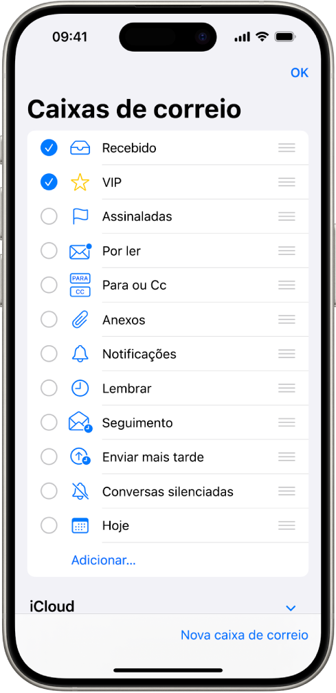 O ecrã de edição de caixas de correio. As caixas de correio opcionais são listadas de cima para baixo, com uma opção assinalável à esquerda de cada opção. No canto inferior direito do ecrã está um botão Nova caixa de correio.