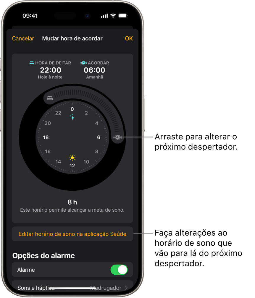 Um ecrã para alterar o próximo despertador. A posição do botão de acordar define a hora do alarme.