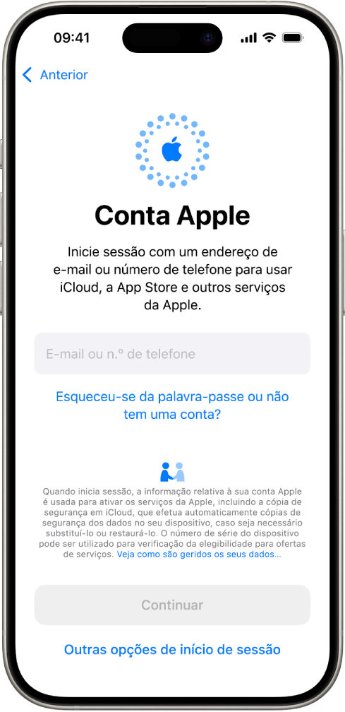 O ecrã de início de sessão da conta Apple.