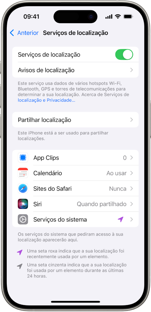 O ecrã “Serviços de localização” com definições para a partilha da localização do iPhone com aplicações.