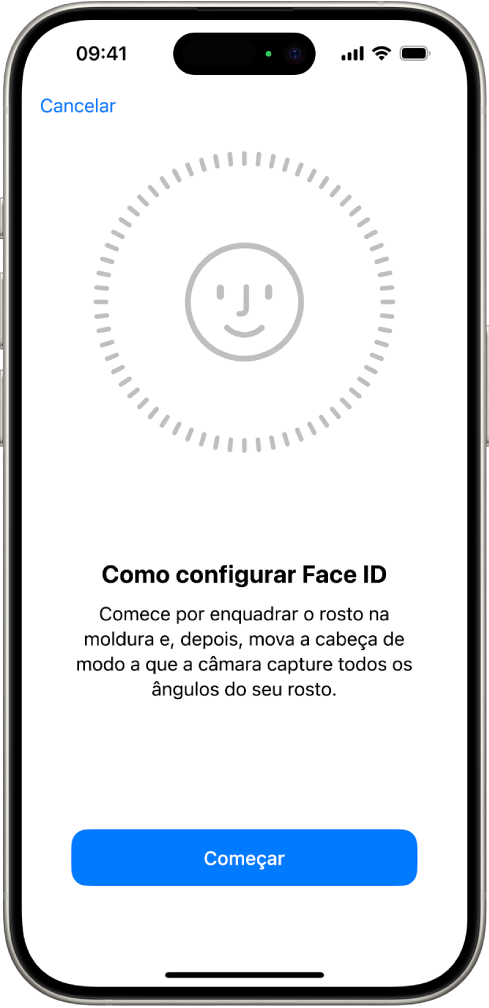 O ecrã de configuração do reconhecimento através do Face ID. No ecrã, está um rosto enquadrado num círculo. Por baixo do rosto, o texto indica ao utilizador que deve mover a cabeça devagar para completar o círculo.