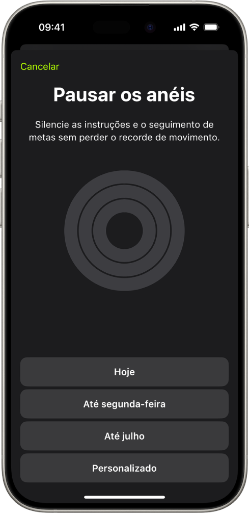 O ecrã “Pausar os anéis” na aplicação Fitness a mostrar opções para pausar os anéis de atividade.