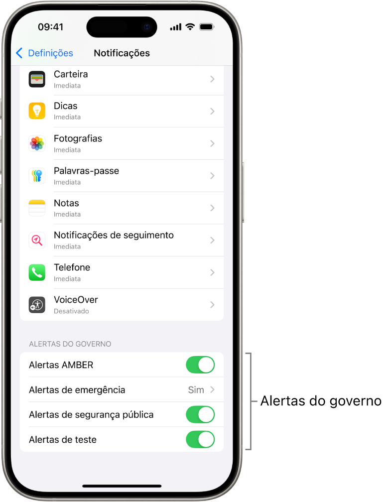 O ecrã “Notificações” a mostrar os “Alertas do governo”, que pode ativar para receber alertas do governo.