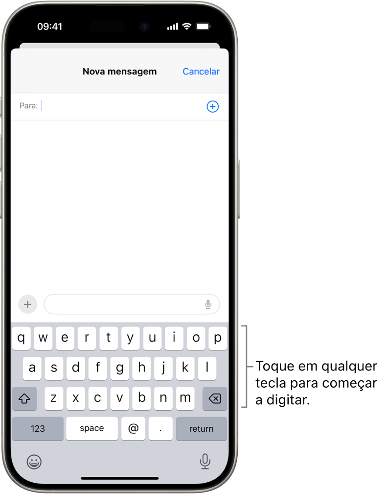 É aberto um e-mail em branco na aplicação Mail. O teclado no ecrã está na metade inferior do ecrã.