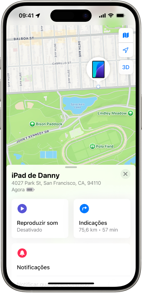 O ecrã Encontrar mostra a localização de um iPad num mapa na parte superior do ecrã.