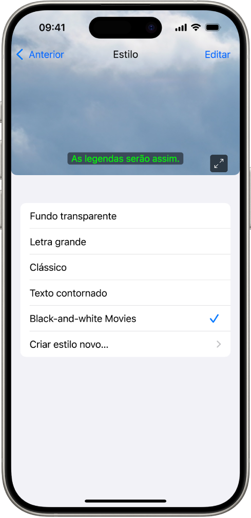 Um iPhone que mostra um exemplo de legendas com um estilo personalizado.