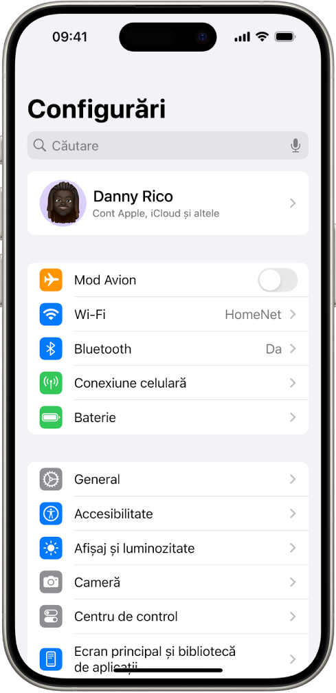 Ecranul Configurări cu câmpul de căutare în partea de sus și mai multe configurări dedesubt, inclusiv Wi-Fi, Notificări și Sunete și răspuns haptic.