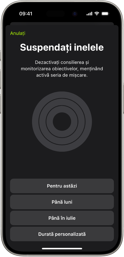 Ecranul Suspendați inelele din Fitness, afișând opțiuni pentru suspendarea inelelor de activitate.
