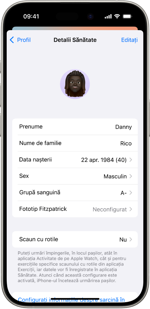 Ecranul Detalii Sănătate, care include câmpuri pentru nume, data nașterii, grupa sanguină și alte informații.