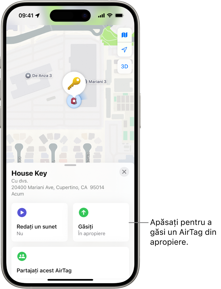 Aplicația Găsire este deschisă, afișând cheile lui Daniel în Golden Gate Park. Apăsați pe butonul Găsire pentru a localiza un AirTag din apropiere.