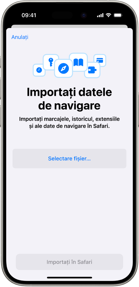 Ecranul Importați datele de navigare, afișând date din alt browser care urmează să fie importate în Safari.